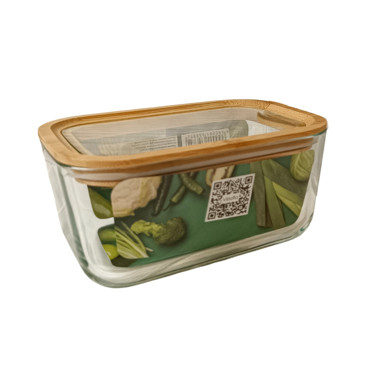 Пищевый контейнер VT-8680 стеклянный со стеклянной деревянной крышкой прямоугольный 1380 мл. Vittora