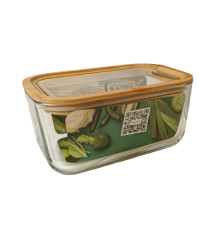 Харчовий контейнер VT-8680 скляний з скляною дерев'яною кришкою, прямокутний 1380 мл. Vittora
