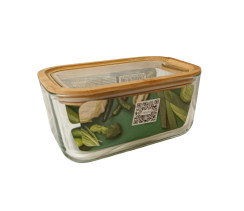 Пищевый контейнер VT-8680 стеклянный со стеклянной деревянной крышкой прямоугольный 1380 мл. Vittora