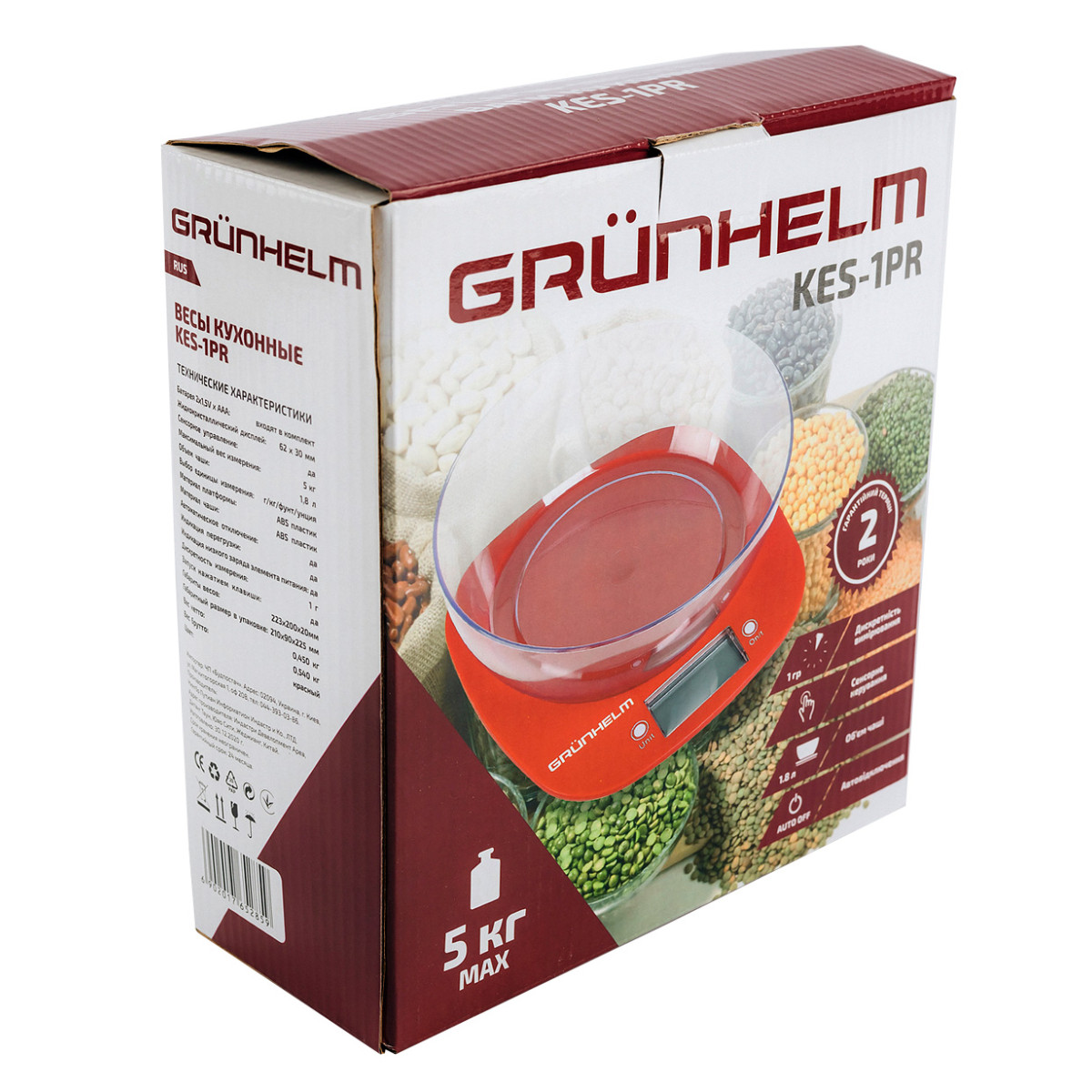 Grunhelm KES-1PR Весы кухонные с чашей (красные)
