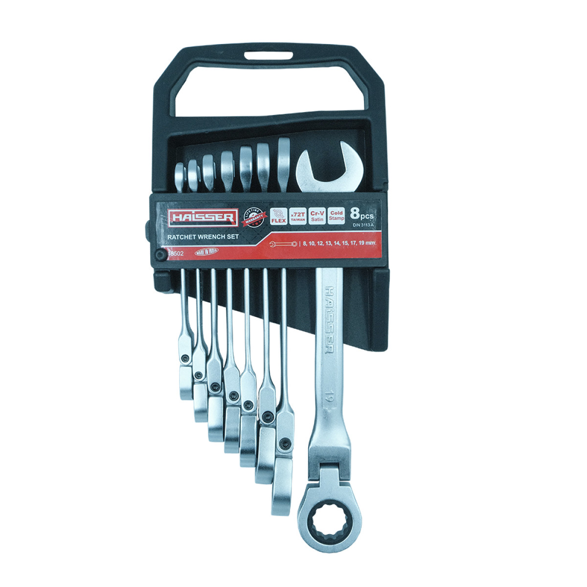 Набір ключів комбінованих з тріскачкою і шарніром 8 шт CRV Cold Stamped Haisser 48502