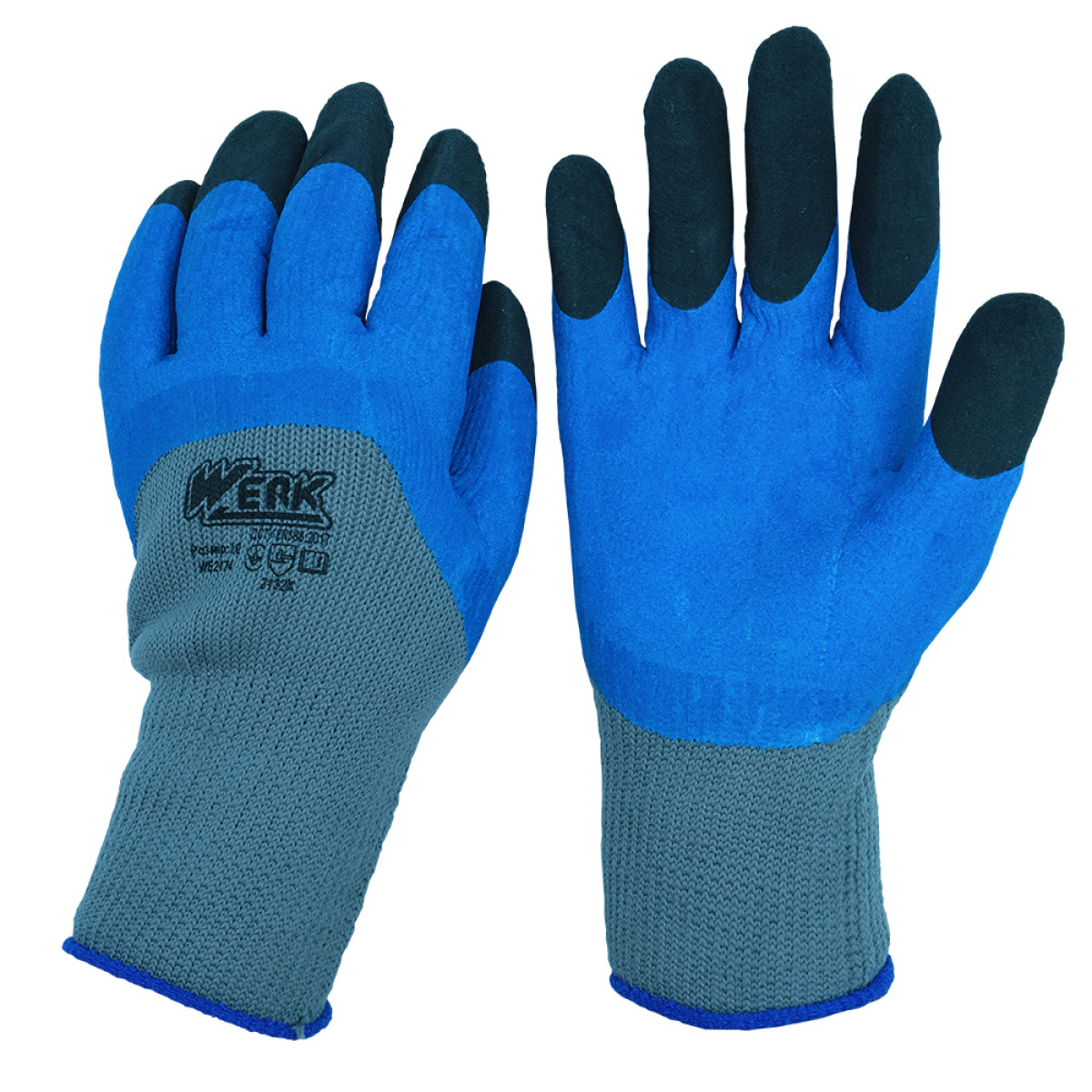 Рукавички ПЕ, синє латексне покриття, посилені пальці утеплені з підвіскою Werk WE2174H