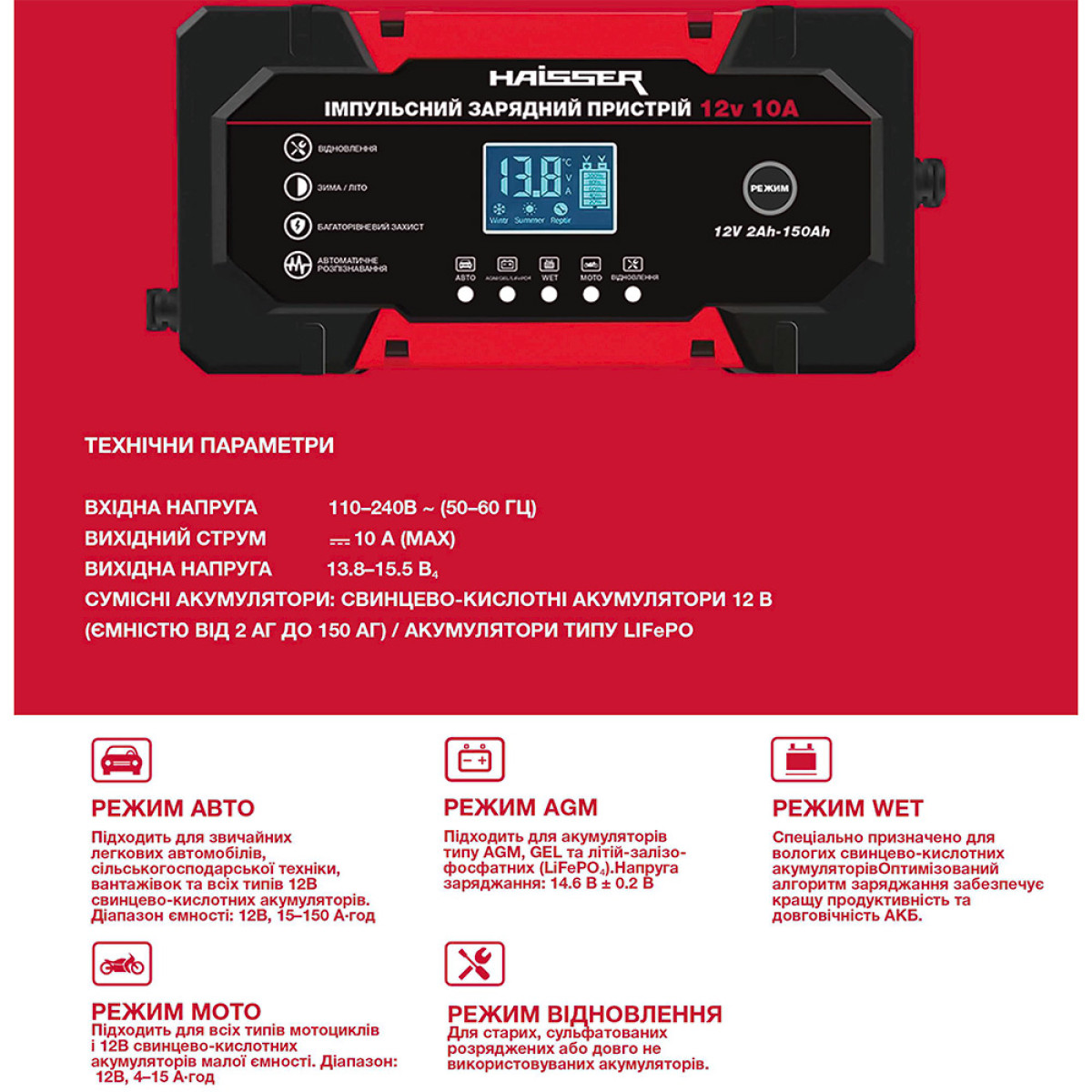 Імпульсний зарядний пристрій BWB-L10 - 12В, 10А Haisser