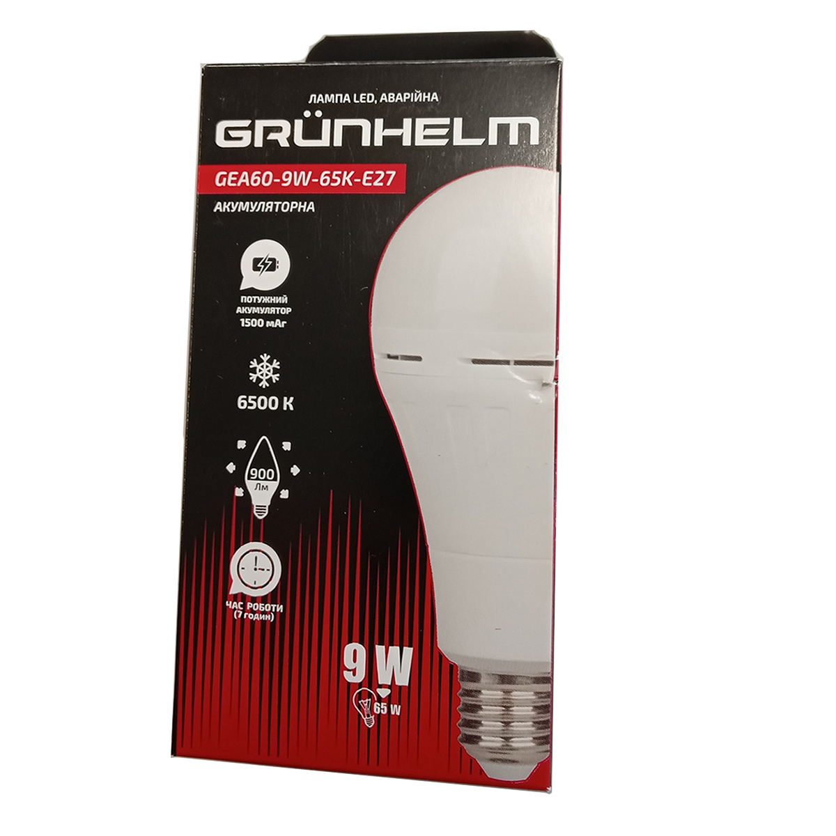 Лампа LED аварийная - GEA60-9W-65K-E27 Grunhelm