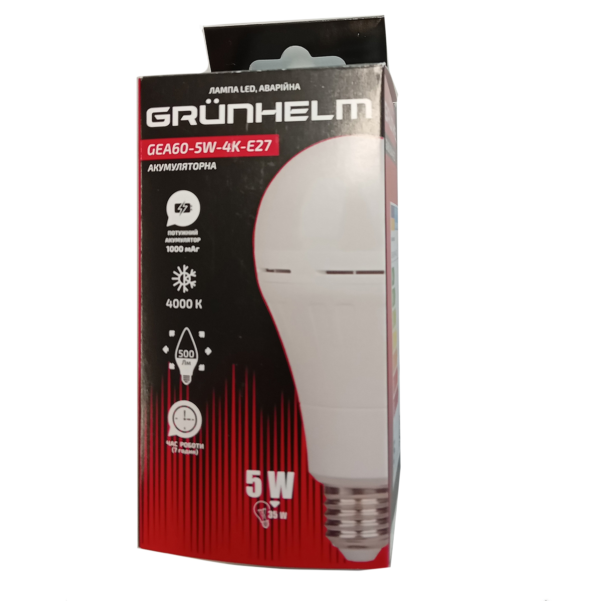 Лампа LED аварийная - GEA60-5W-4K-E27 Grunhelm