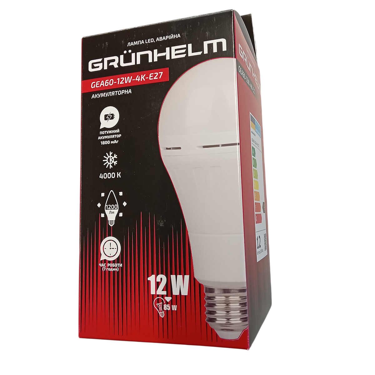 Лампа LED аварийная - GEA60-12W-4K-E27 Grunhelm