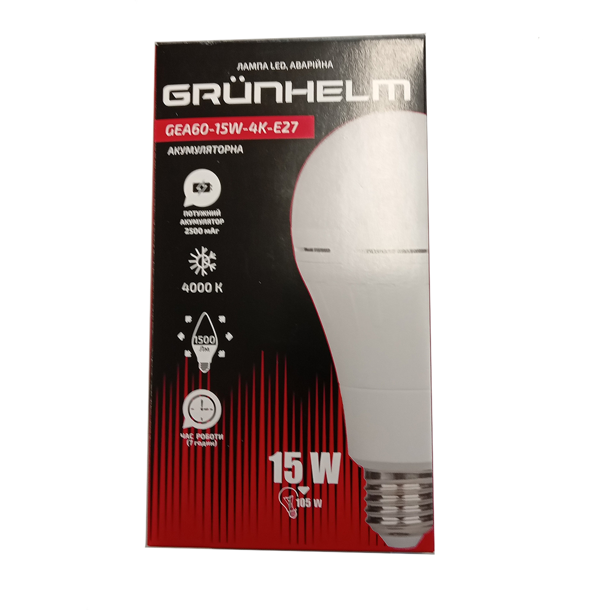 Лампа LED аварийная - GEA60-15W-4K-E27 Grunhelm