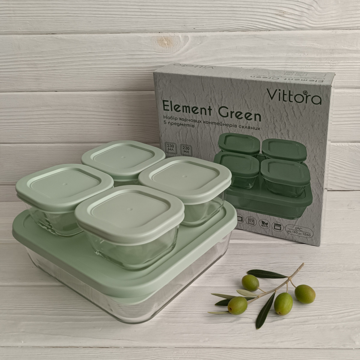 Набор стеклянных пищевых контейнеров VT-161011 Element Green 5 предметов Vittora