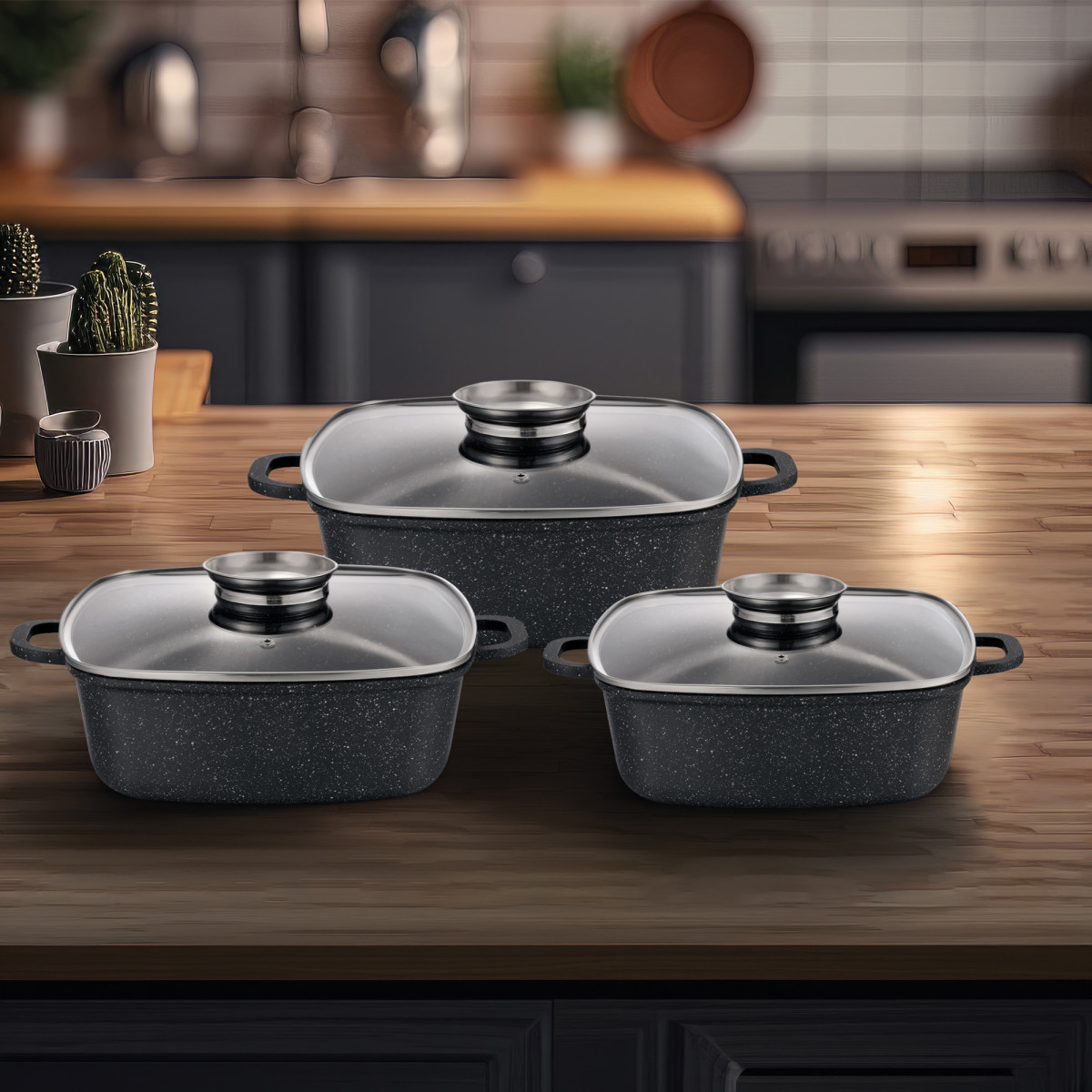 Набір квадратних каструль GT-2504-22/24/26 покриття MARBLE, 6пр. (3.5л/4.4л/5.4л) Gusto